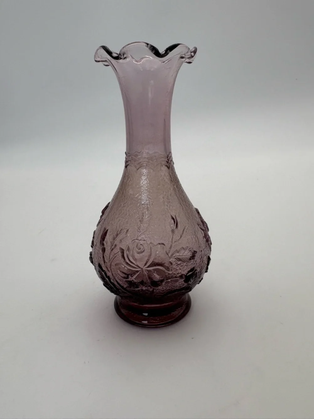 Vintage Imperial Glass Purple Embossed Glass “Rose” Bud Vase